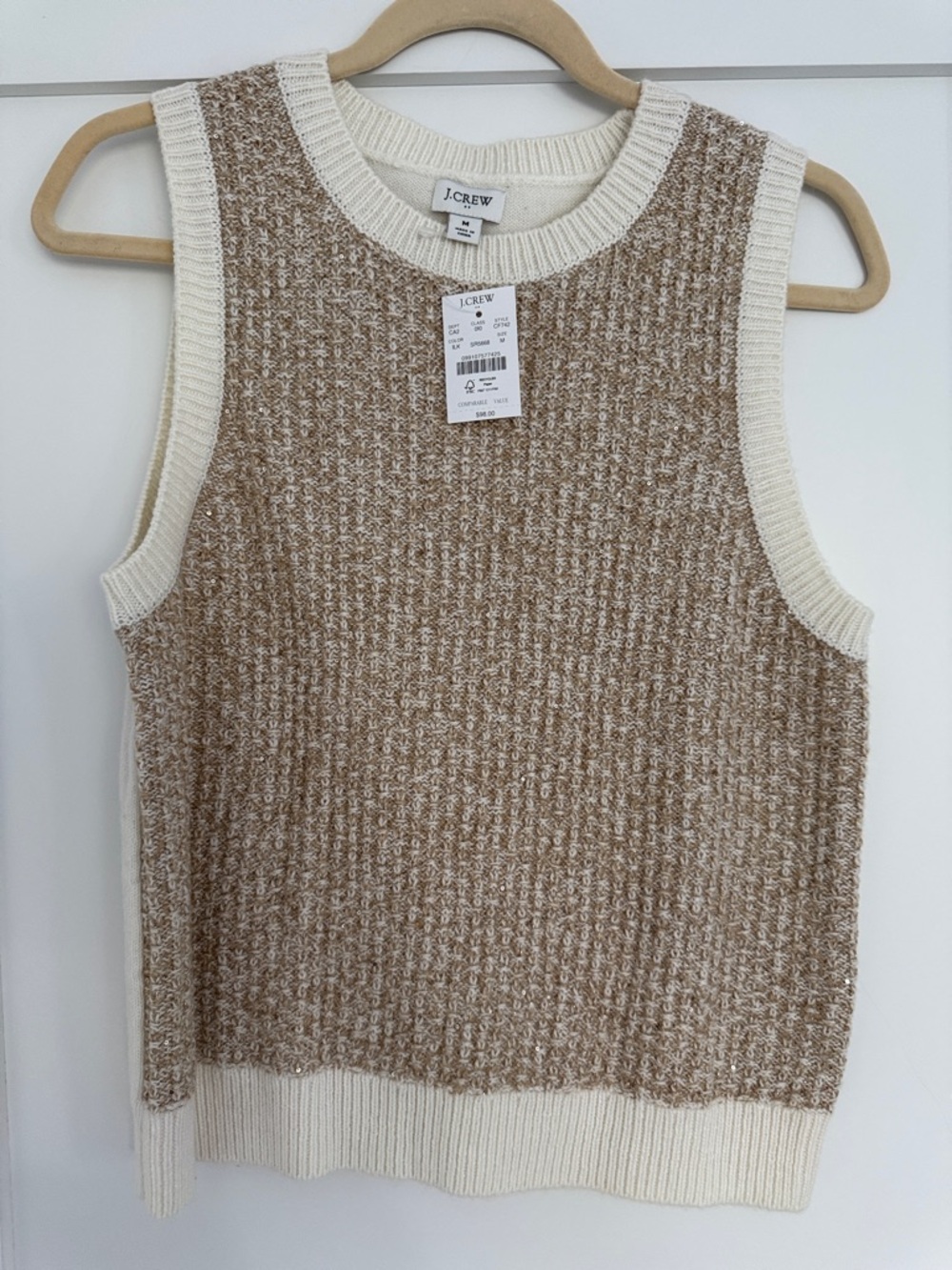 J. Crew Cream and Brown Textured Knit Sleeveless Sweater Vest